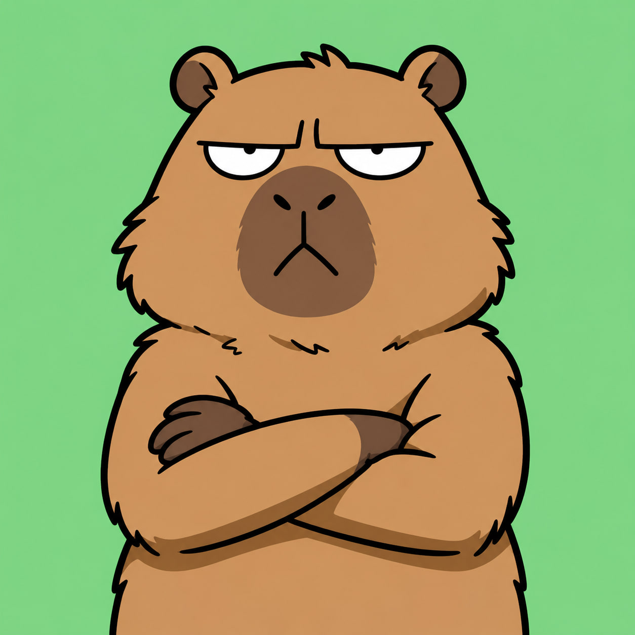 Madbara, an unimpressed hand-drawn capybara with folded arms